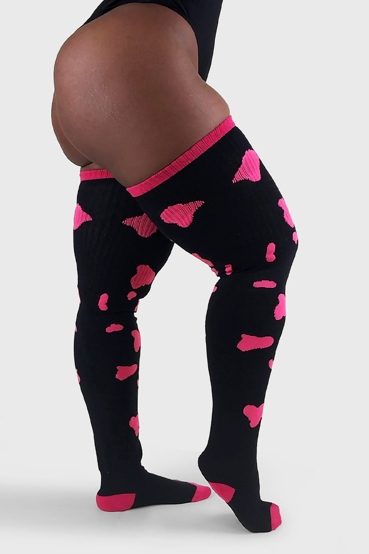 Thunda Tūbbies - Cow Print (Black w/Neon Pink Spots)