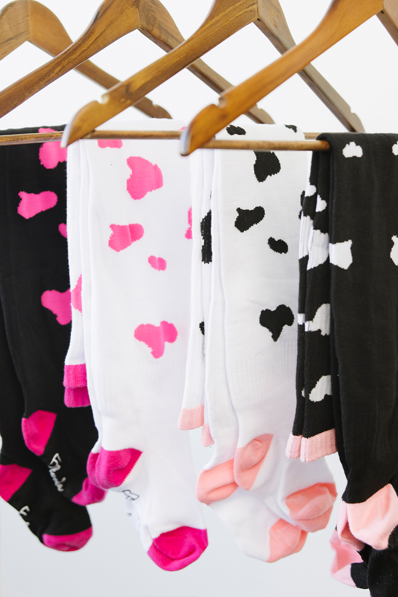 Thunda Tūbbies - Cow Print (White w/Neon Pink Spots)