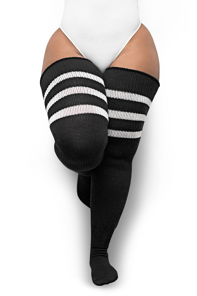 White Stripes Thigh High Socks | Black Thigh Socks | Thunda Thighs Inc