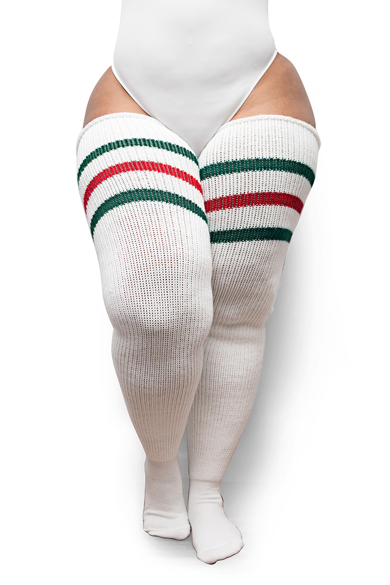 White Green & Red Stripes Thigh High Socks | Thunda Thighs