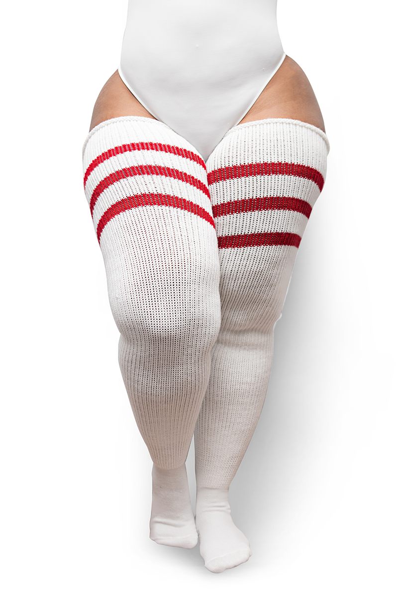 White Red Stripes Thigh High Socks Thunda Thighs