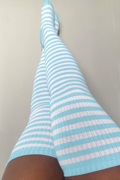 Short Pastel Blue & Stripes Thigh High Socks by Thunda Thighs
