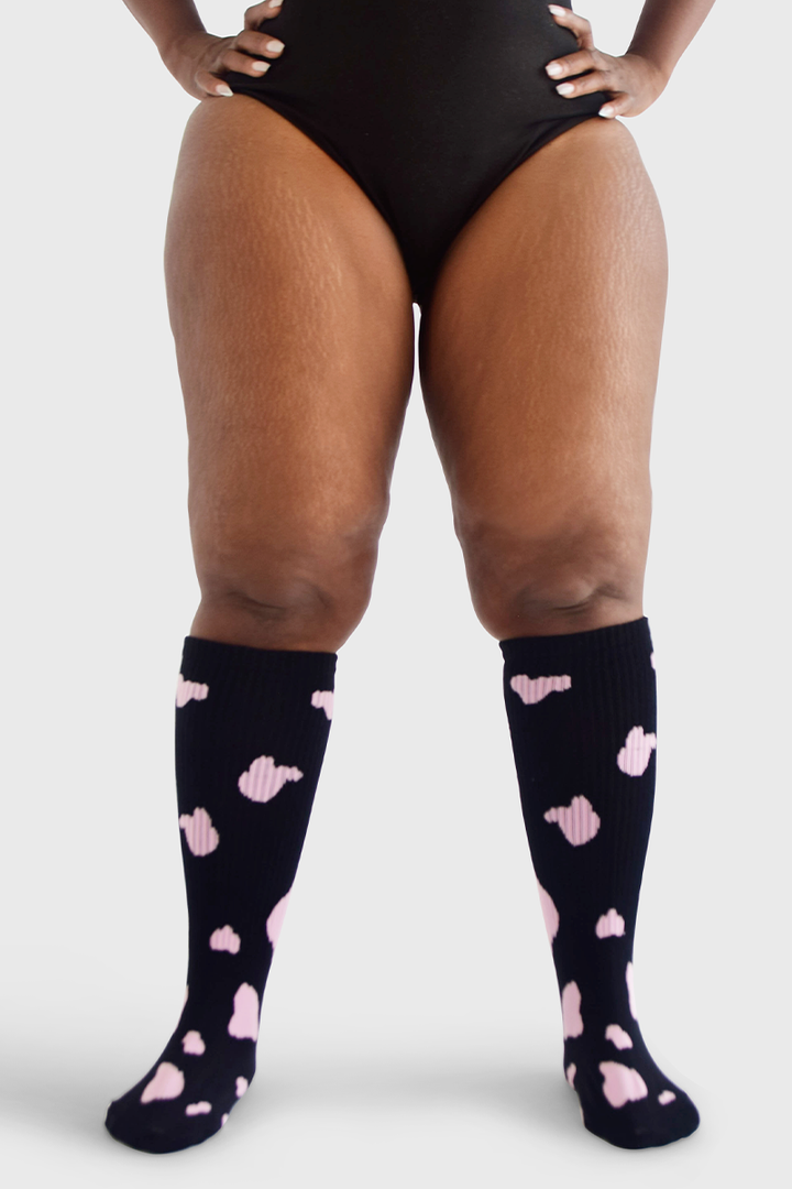 Under the Knee - Cow Print (Black w/Pink Spots)