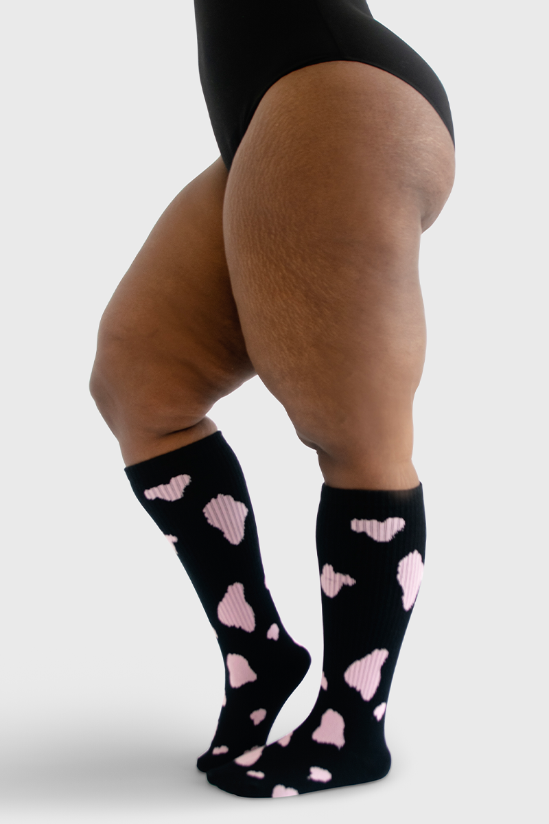 Under the Knee - Cow Print (Black w/Pink Spots)