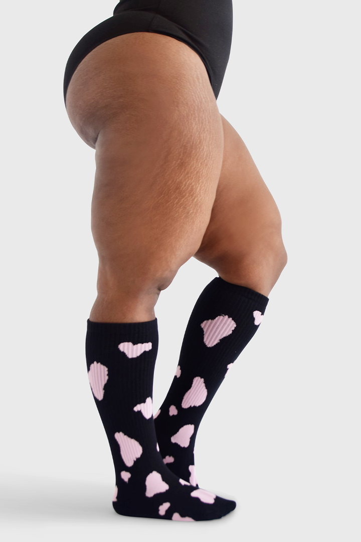 Under the Knee - Cow Print (Black w/Pink Spots)